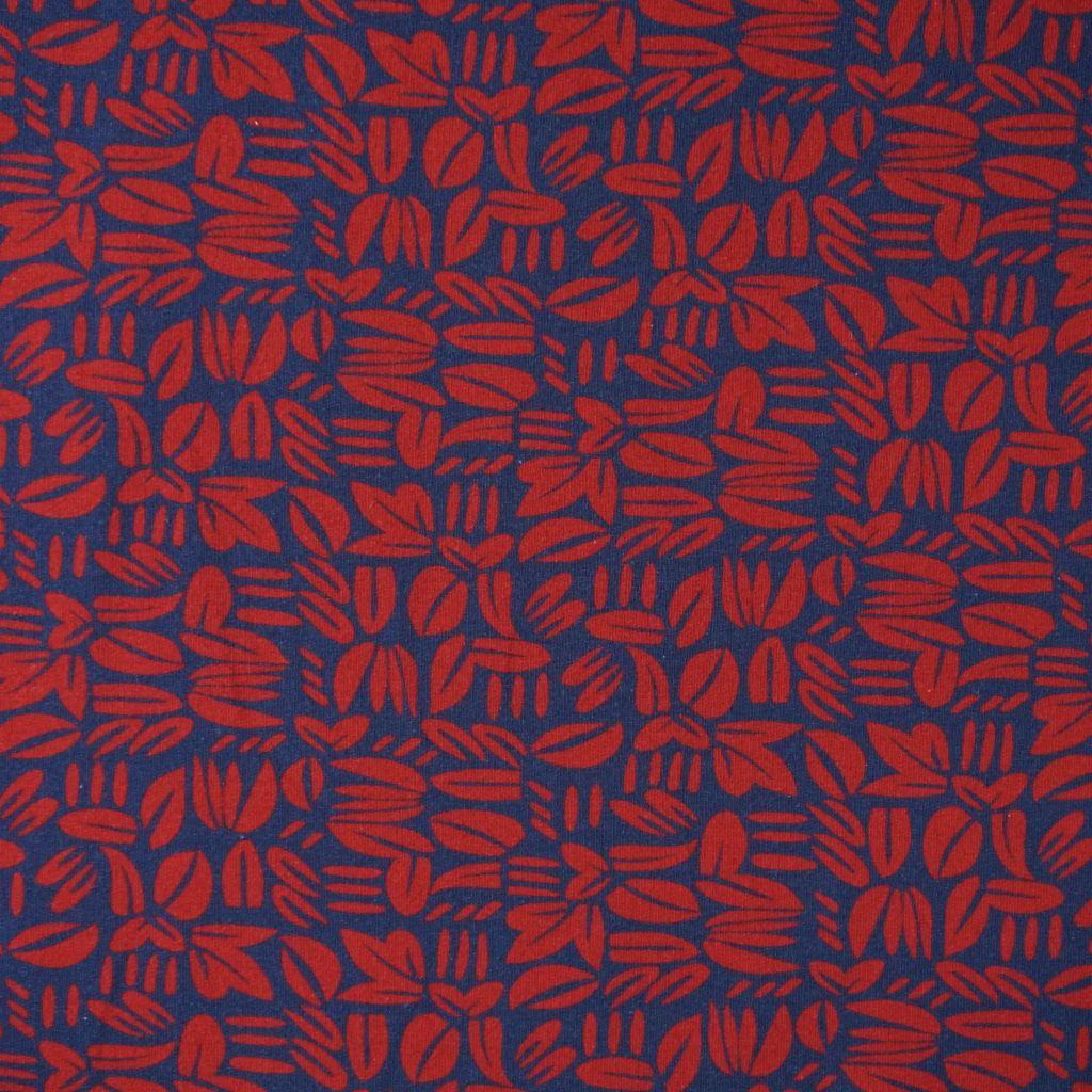 French Terry abstrakte Blätter dunkelrot auf dunkelblau